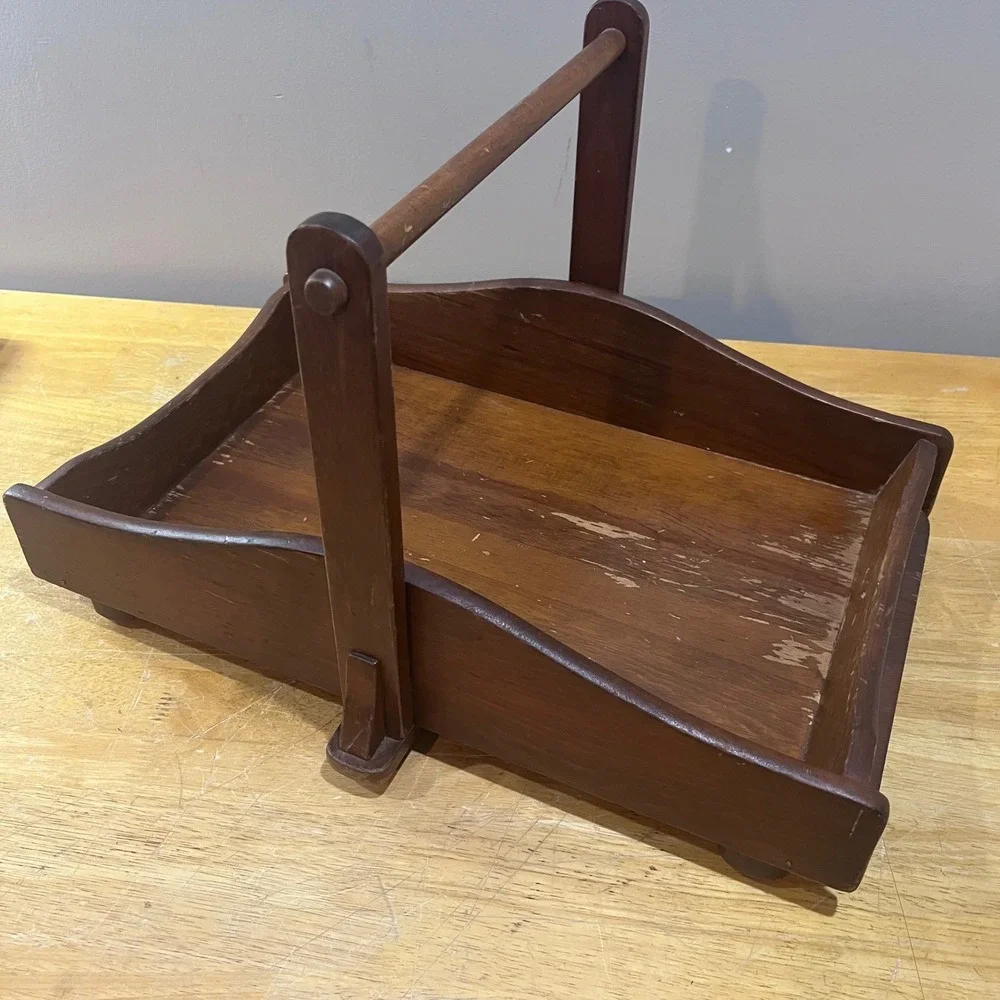 Vtg Primitive Rustic Wooden Caddy Tray Handle Farmhouse Centerpiece 19.5